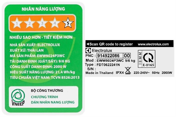 Máy Giặt Sấy Electrolux Inverter Giặt 9Kg + Sấy 6Kg EWW9024P3WC&nbsp;